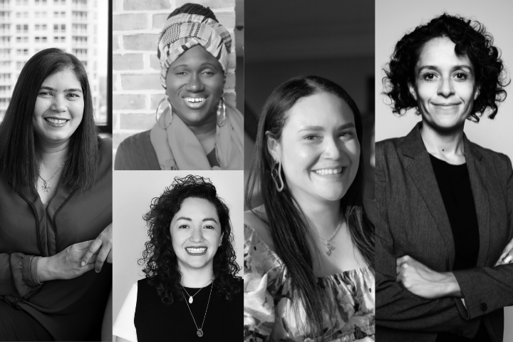 data advisory committee_July 2024 Black and white group photo of five women from left to right: ElsaMarie D’silva, Gloria Guerrero, Nana Afua Y. Brantuo, Oriana Castillo, and Zinnya del Villar. Each woman is smiling and dressed in various professional and casual outfits, representing the diversity and unity of the advisory committee.