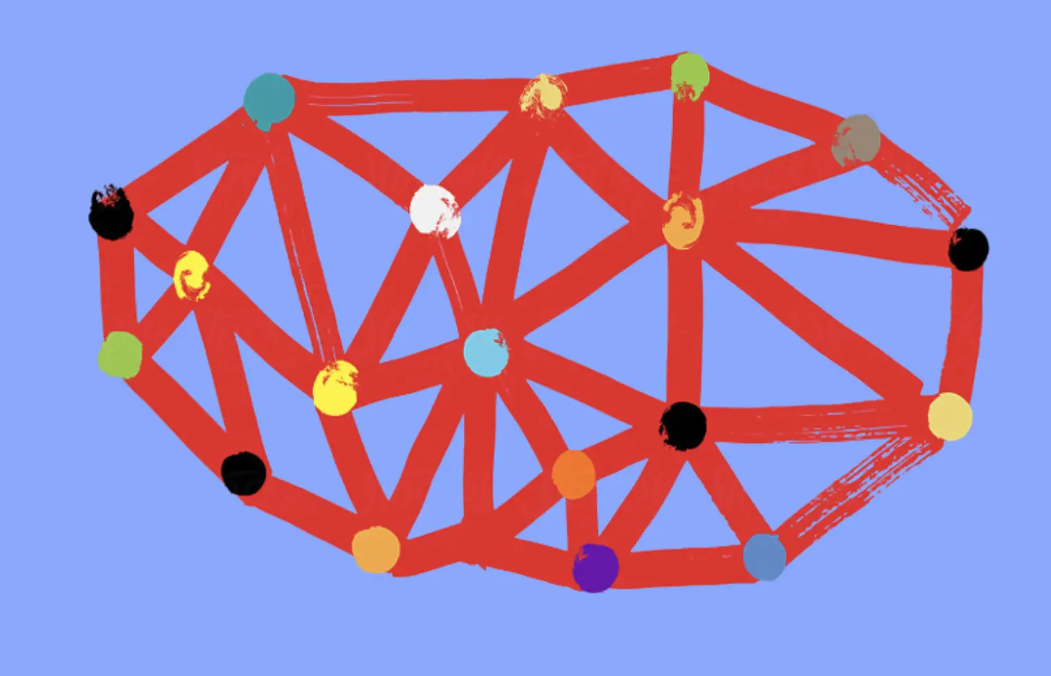 A hand-drawn illustration of a network: colourful circular nodes connected by thick, red, brushstroke-like lines on a light blue background. The nodes vary in colour — including black, yellow, green, orange, teal, purple, grey, and white — and are linked in a dense web, suggesting connection, collaboration, or an ecosystem.