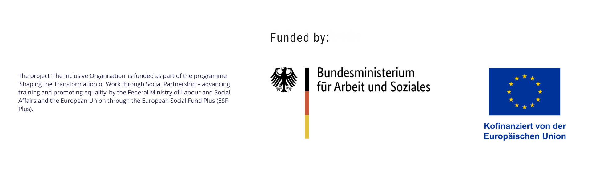 Banner showing the funding information for the project. On the right side are two logos: the logo of the German Federal Ministry of Labour and Social Affairs (Bundesministerium für Arbeit und Soziales) with the German eagle and black-red-yellow bar, and the European Union flag with the text ‘Kofinanziert von der Europäischen Union’. On the left, the text reads: ‘The project “The Inclusive Organisation” is funded as part of the programme “Shaping the Transformation of Work through Social Partnership – advancing training and promoting equality” by the Federal Ministry of Labour and Social Affairs and the European Union through the European Social Fund Plus (ESF Plus).