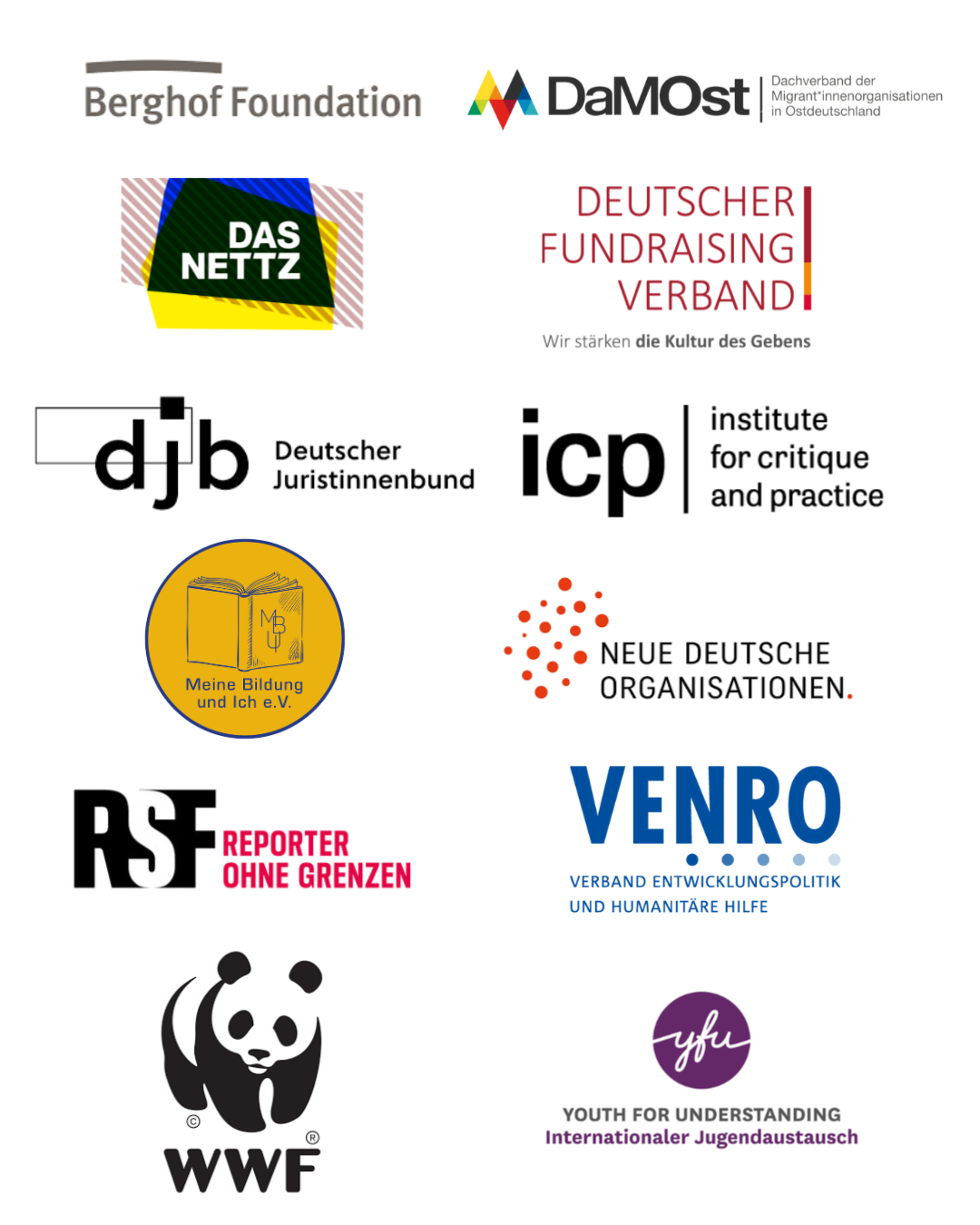 Logos of the twelve participating organisations in the project ‘The Inclusive Organisation of the Future’: Berghof Foundation; DaMOst – umbrella association of migrant organisations in Eastern Germany; Das NETTZ; Deutscher Fundraising Verband; Deutscher Juristinnenbund (djb); Institute for Critique and Practice (icp); Meine Bildung und Ich e. V.; Neue Deutsche Organisationen; Reporter ohne Grenzen (Reporters Without Borders Germany); VENRO – Association of Development and Humanitarian Aid NGOs; WWF Germany; and YFU – Youth For Understanding International Youth Exchange.
