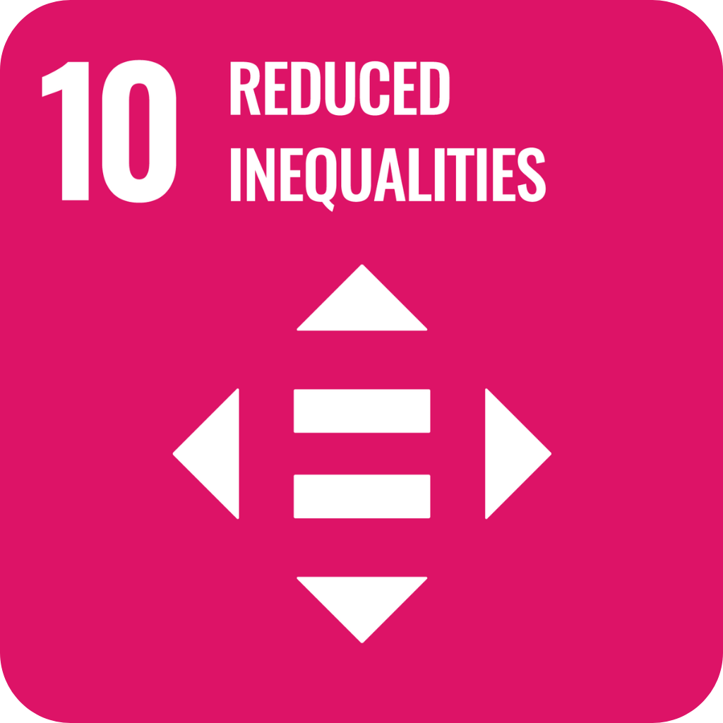 Icon for UN Sustainable Development Goal 10, “Reduced Inequalities,” shown as a magenta square with the number 10 and a symbol of four arrows pointing outward around an equality sign.