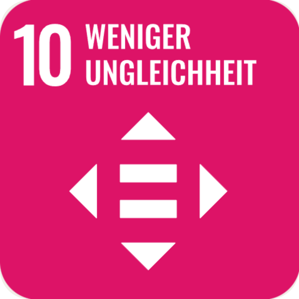 Piktogramm des UN-Nachhaltigkeitsziels 10 Weniger Ungleichheit. Pinkes Quadrat mit der Zahl 10 und dem Wort Weniger Ungleichheit, darunter ein Symbol mit vier Pfeilen um ein Gleichheitszeichen.