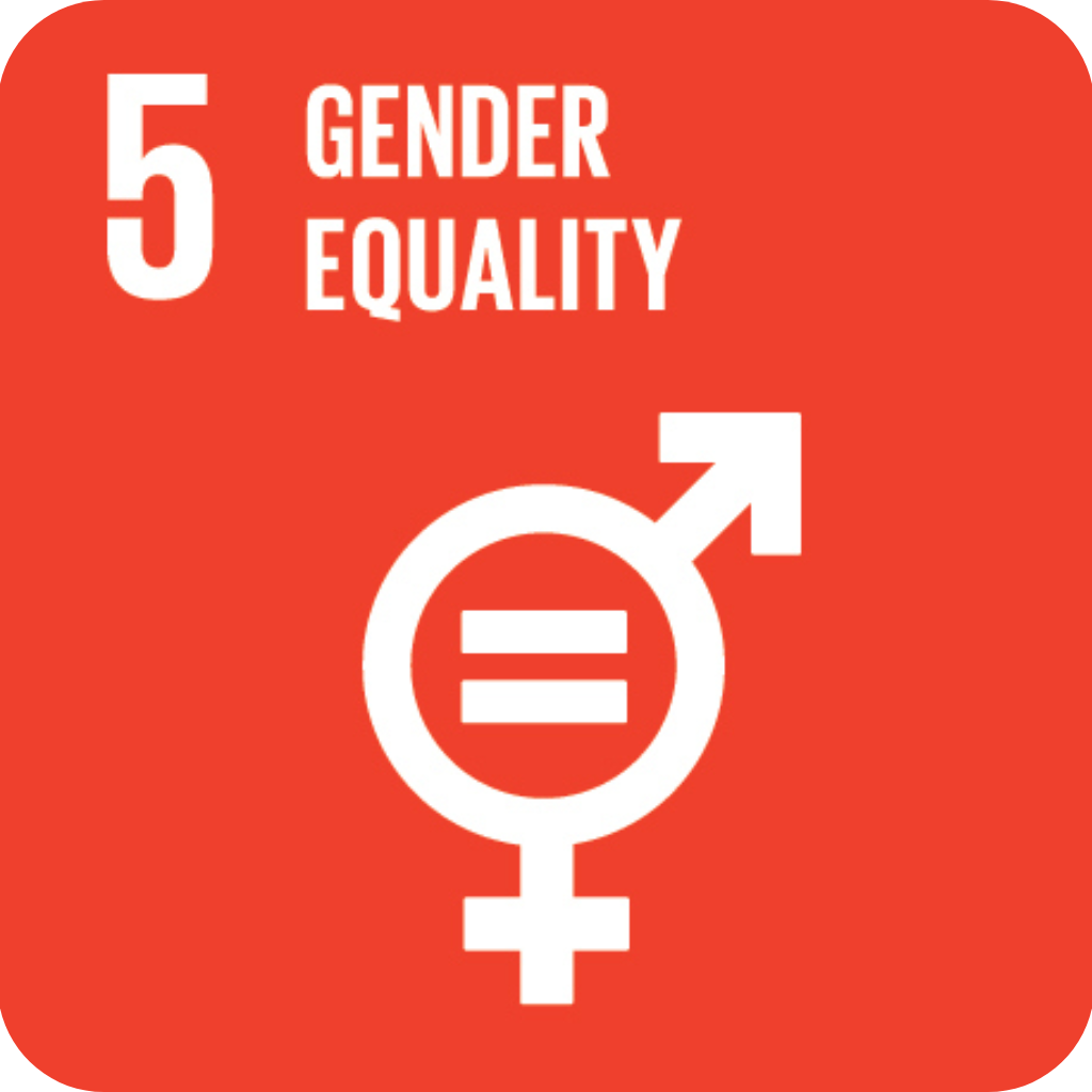Icon for UN Sustainable Development Goal 5, “Gender Equality,” shown as an orange-red square with the number 5 and a combined male–female equality symbol.