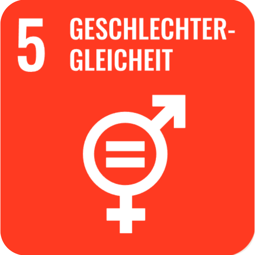 Piktogramm des UN-Nachhaltigkeitsziels 5 Geschlechtergleichheit. Rotes Quadrat mit der Zahl 5 und dem Wort Geschlechtergleichheit, darunter ein Gleichheitszeichen im kombinierten Venus-und-Mars-Symbol.