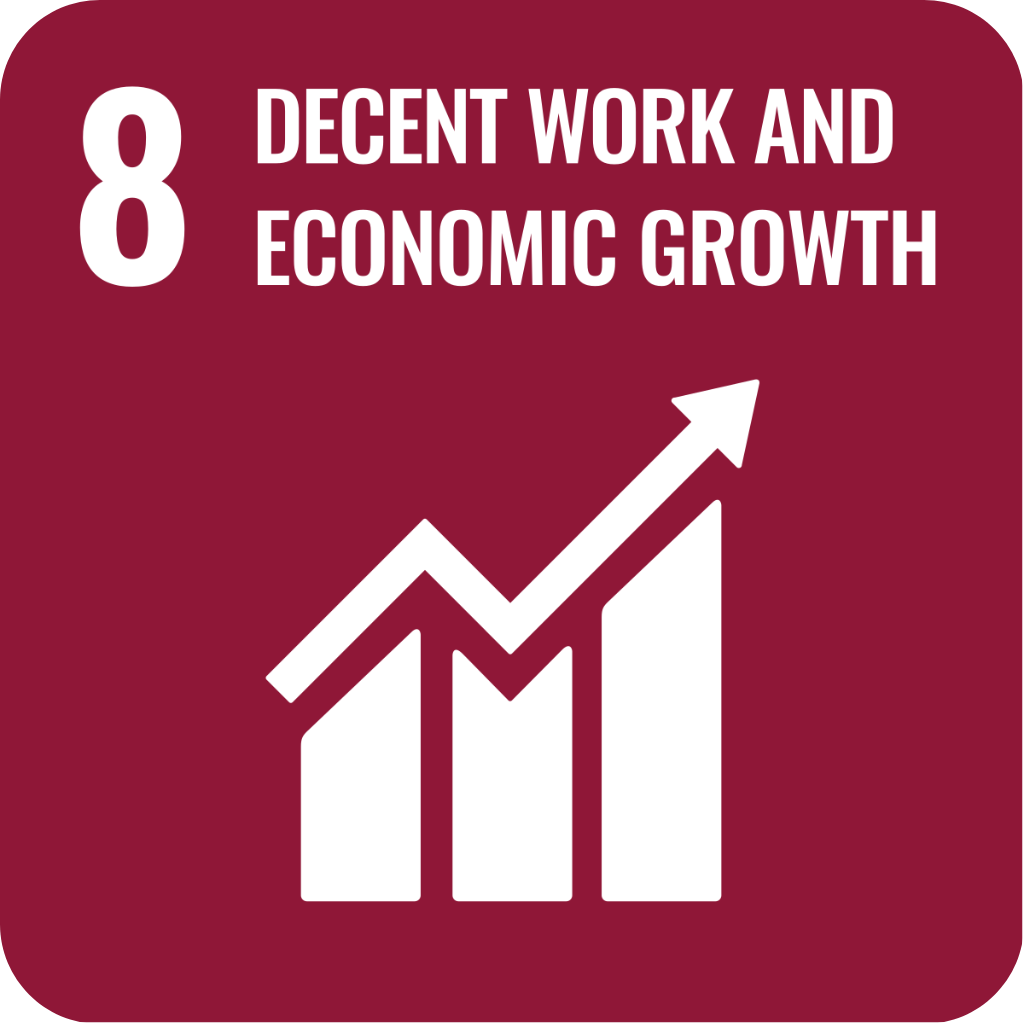 Icon for UN Sustainable Development Goal 8, “Decent Work and Economic Growth,” shown as a dark red square with the number 8 and a rising bar-and-line chart symbol.