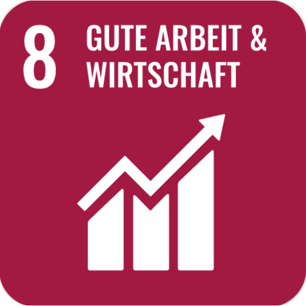 Piktogramm des UN-Nachhaltigkeitsziels 8 Gute Arbeit und Wirtschaftswachstum. Dunkelrotes Quadrat mit der Zahl 8 und dem Text Gute Arbeit und Wirtschaft, darunter ein steigendes Balken- und Liniendiagramm.