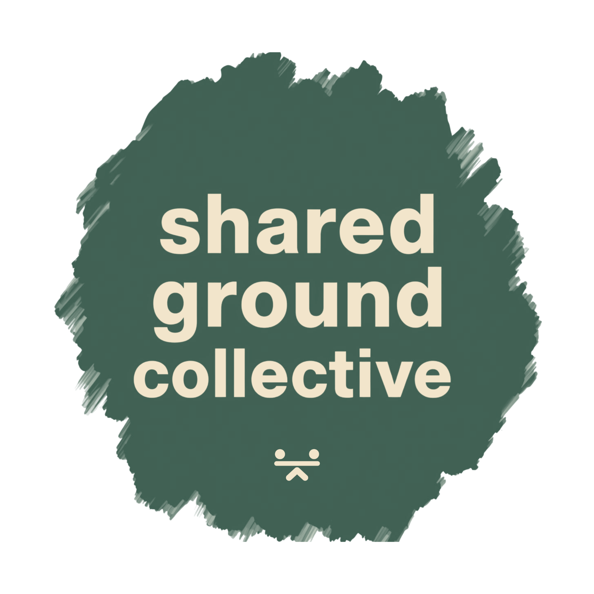 Logo for the FAIR SHARE project Shared Ground Collective: the words ‘shared ground collective’ in dark green, set in lowercase on a light, organic brush-stroke shape against a black background, with a small abstract symbol beneath the text.